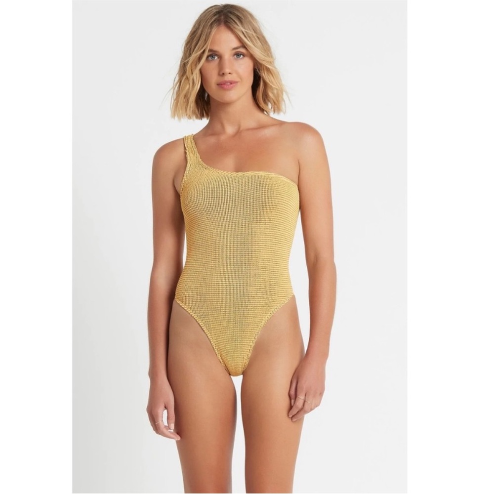 BOUND BY BOND-EYE The Oscar One-shoulder One-piece Swimsuit in Apricot Lurex OS
